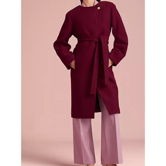 Ann Taylor NWOT Tie Waist Coat Wool Deep Red Wine Burgundy - Picture 1 of 6